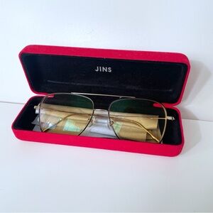 JINS Gold Aviator Blue Light Computer Glasses Yellow Lenses Prescription w/Case